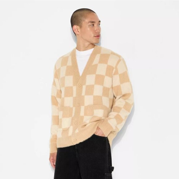 Original Use Men's Cream Check Pattern Fuzzy & Soft Cardigan Sweater -- XL 46/48 - Picture 1 of 5